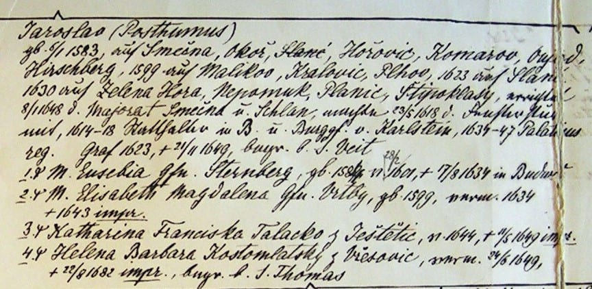 Jaroslav Bořita z Martinic – detail rodokmenu (sbírka Dobrzenského, Národní archiv Praha)